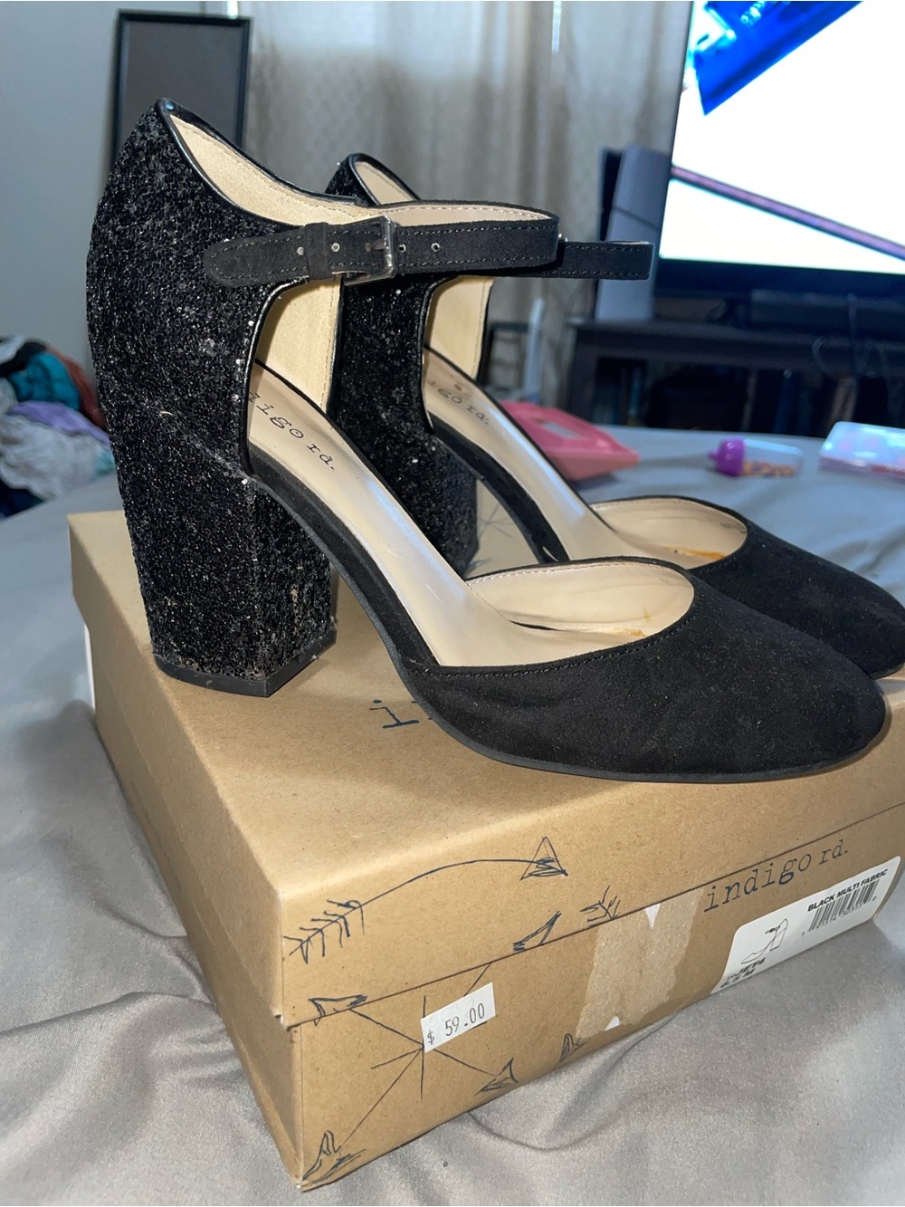 Black glittery suede block heels with ankle strap